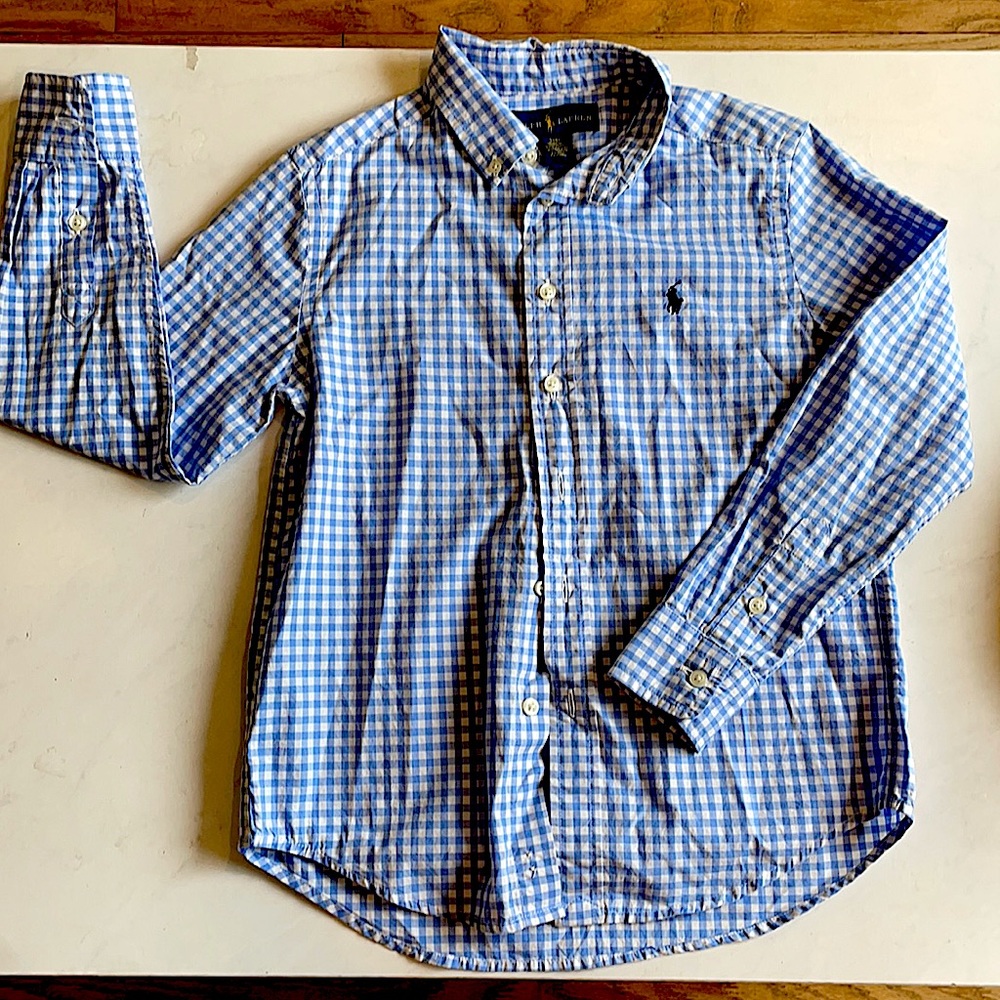 Ralph Lauren checkered blue and white boys long sleeve, size S(8)